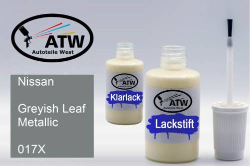 Nissan, Greyish Leaf Metallic, 017X: 20ml Lackstift + 20ml Klarlack - Set, von ATW Autoteile West.